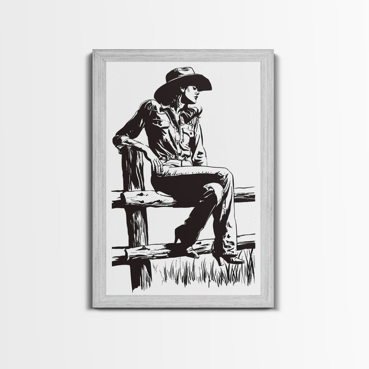 Cowgirl Resting on Fence Art Print, Western Silhouette Framed Canvas, Vintage Cowgirl Artwork, Rustic Home Decor