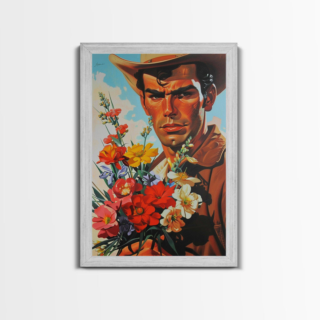 Cowboy with Bouquet of Flowers - Framed Canvas Print, Western Living Room Art, Rustic Bedroom Decor, Americana Art, Wall Art