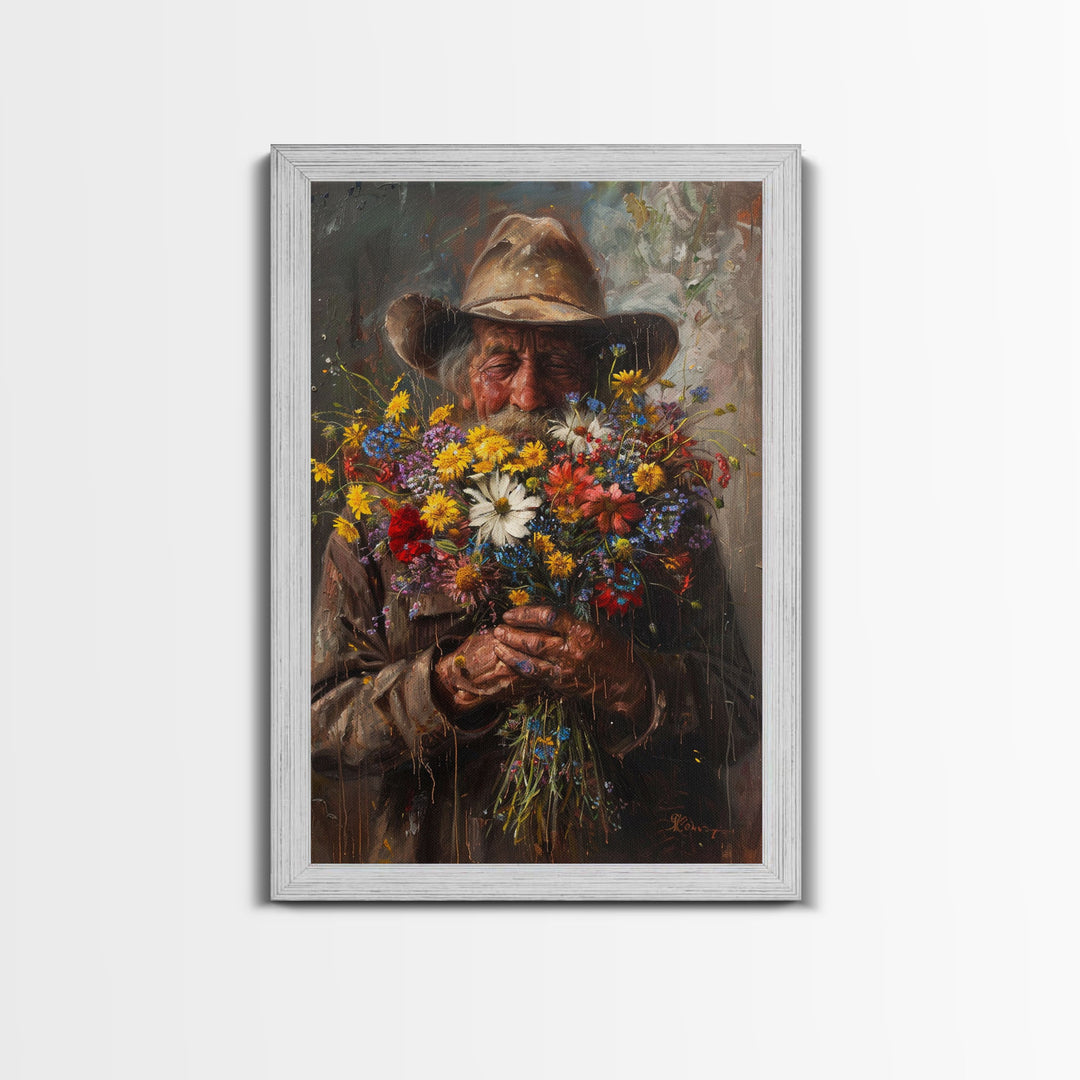 Old Cowboy with Wildflowers - Framed Canvas Print, Vintage Living Room Art, Rustic Bedroom Decor, Western Art, Wall Art