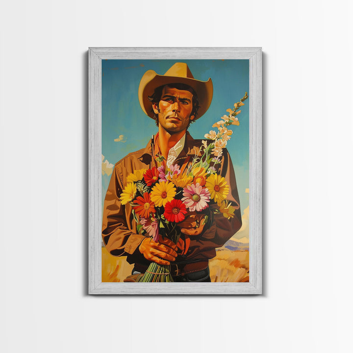 Vintage Cowboy Holding Flowers - Framed Canvas Print, Southwestern Living Room Art, Rustic Bedroom Decor, Retro Art, Wall Art