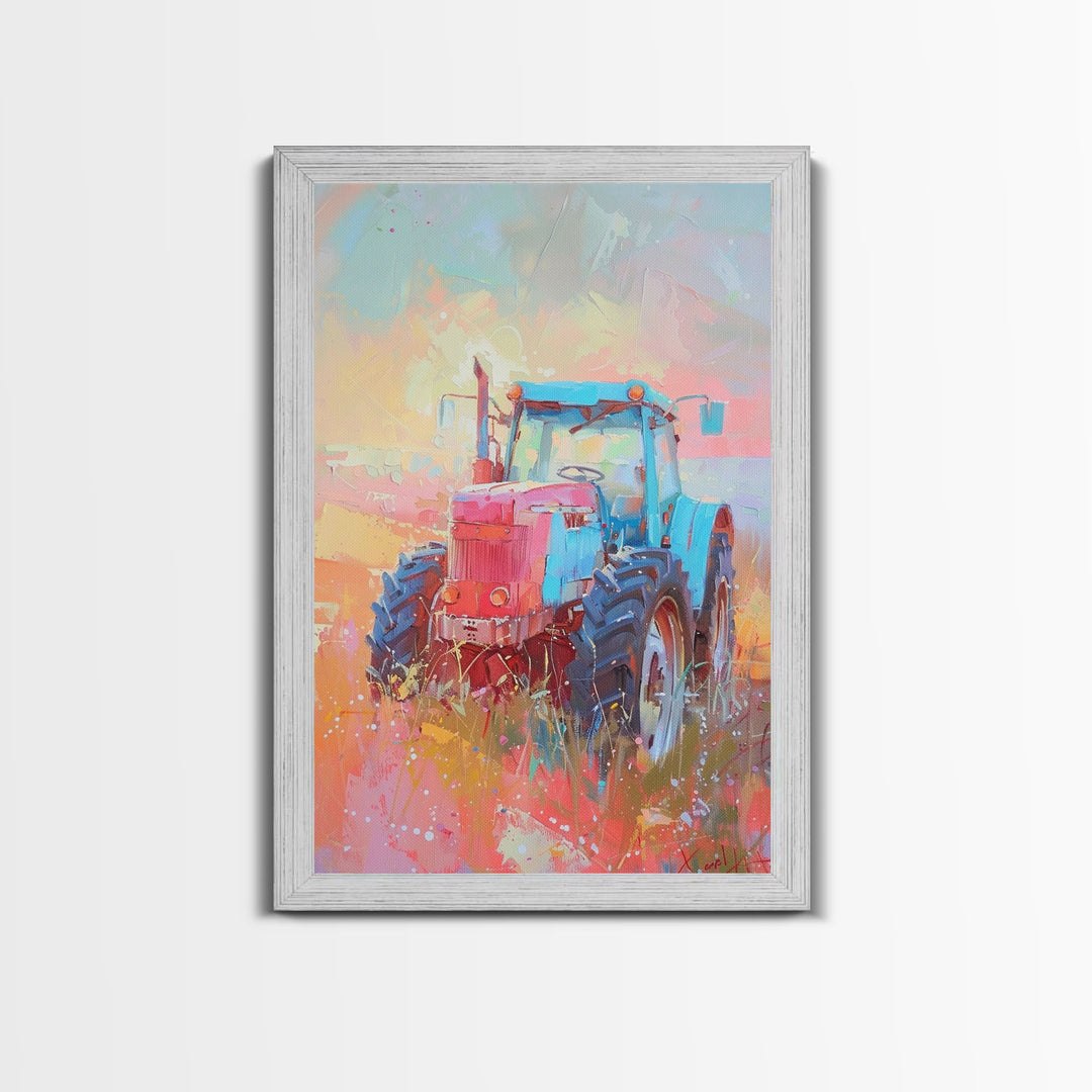 Colorful Tractor in Pastel Field - Framed Canvas Print, Farmhouse Living Room Art, Rustic Bedroom Decor, Rural Art, Wall Art