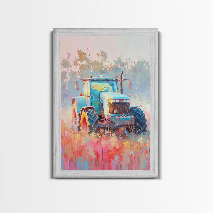Farm Tractor in Vibrant Meadow - Framed Canvas Print, Countryside Living Room Art, Pastel Bedroom Decor, Rural Art, Wall Art