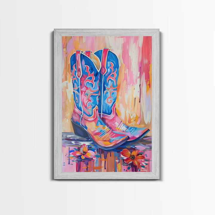 Colorful Cowboy Boots with Flowers - Framed Canvas Print, Rustic Western Decor, Vibrant Boot Wall Art for Home Decoration
