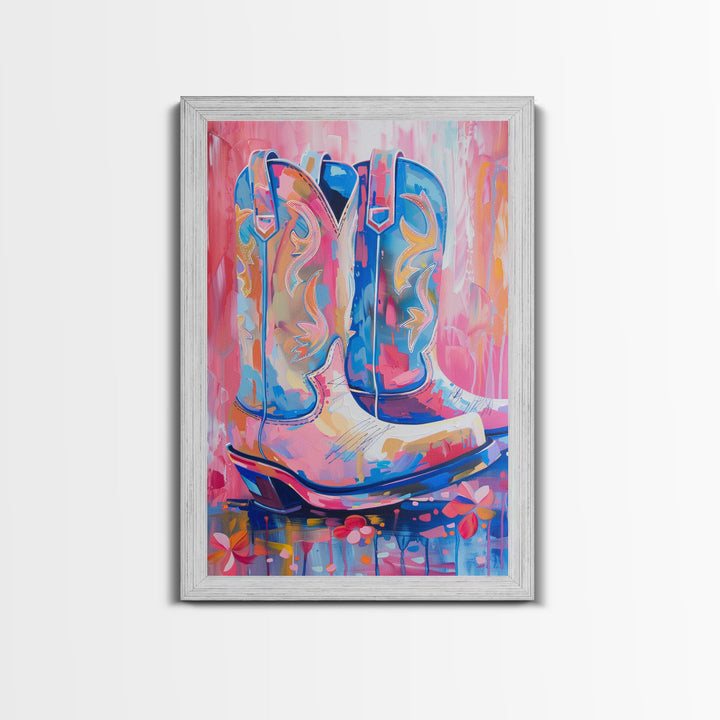 Blue and Pink Cowboy Boots with Floral Background - Framed Canvas Print, Rustic Western Wall Art, Vibrant Boot Art for Home Decor