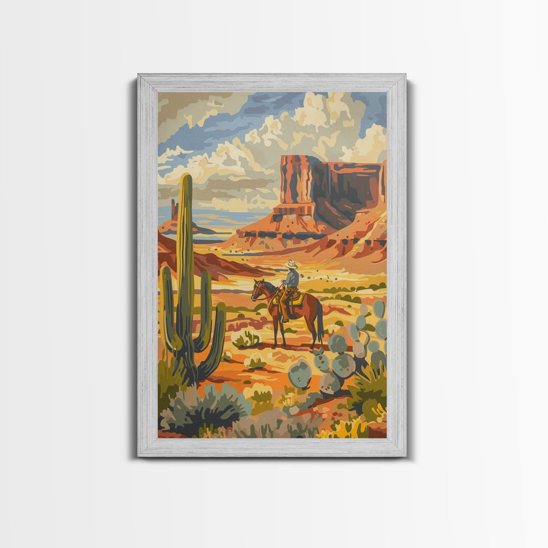 Desert Cowboy Riding Through Cactus - Framed Canvas Print, Western Landscape Art, Southwestern Wall Art for Home Decoration