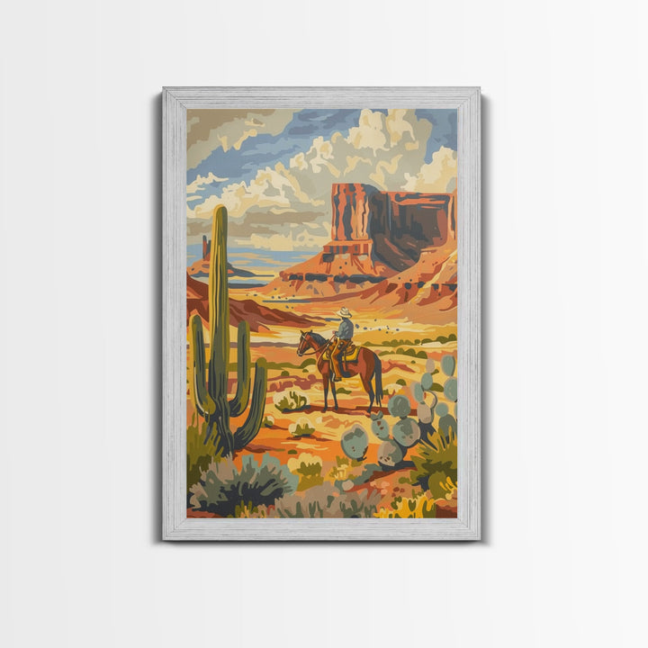 Desert Cowboy Riding Through Cactus - Framed Canvas Print, Western Landscape Art, Southwestern Wall Art for Home Decoration