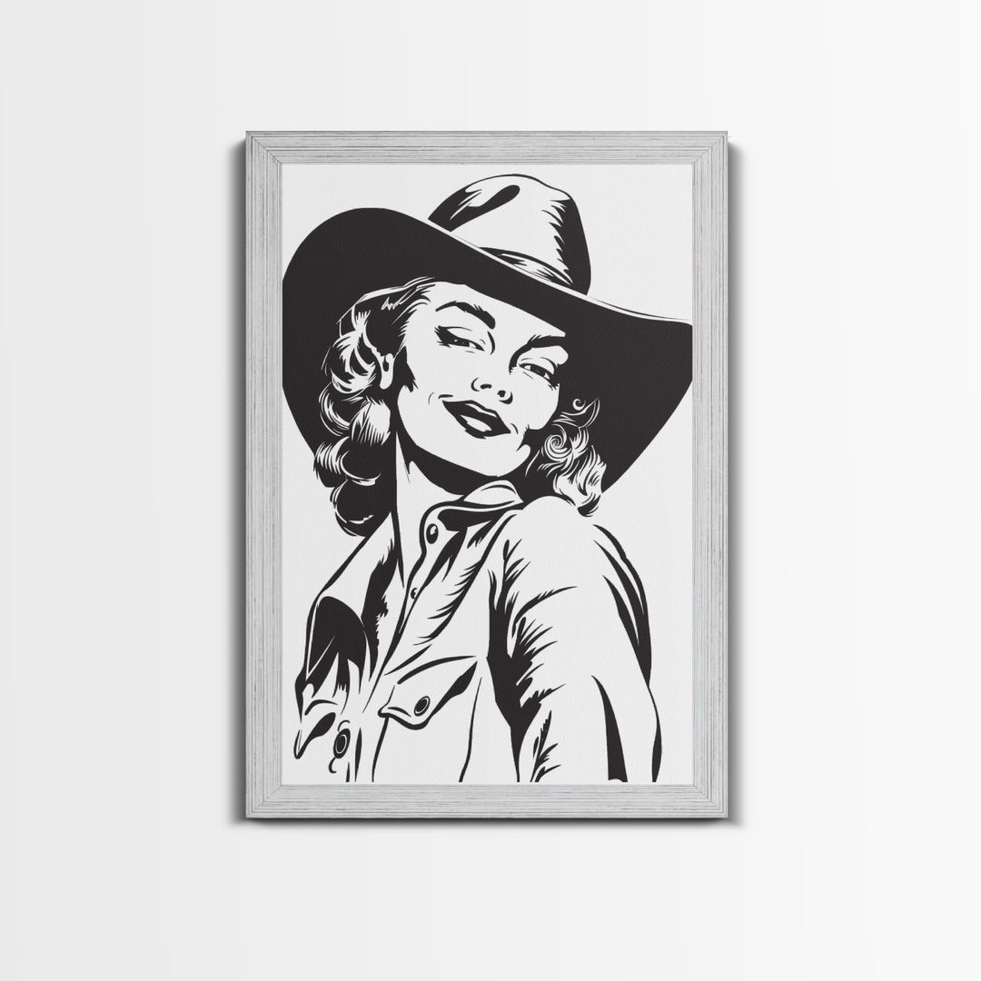 Smiling Cowgirl Portrait Art Print, Western Silhouette Framed Canvas, Vintage Cowgirl Artwork, Unique Wall Decor