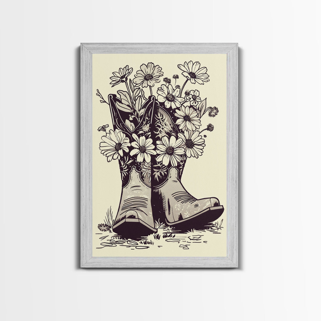 Cowboy Boots with Flowers Art Print, Western Silhouette Framed Canvas, Vintage Floral Boots Art, Unique Home Decor