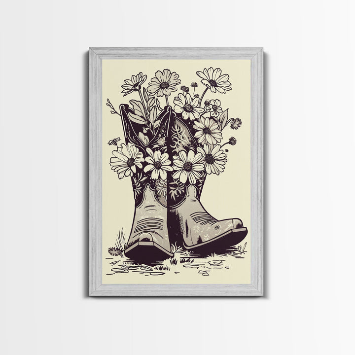 Cowboy Boots with Flowers Art Print, Western Silhouette Framed Canvas, Vintage Floral Boots Art, Unique Home Decor