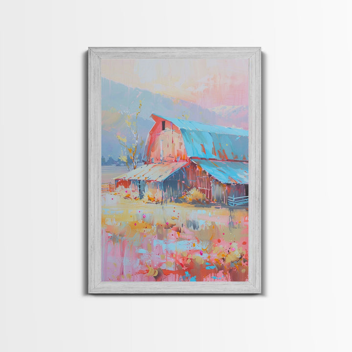 Rustic Pastel Barn in Countryside Landscape - Framed Canvas Print, Farmhouse Decor, Country Art for Living Room, Rustic Wall Art for Home