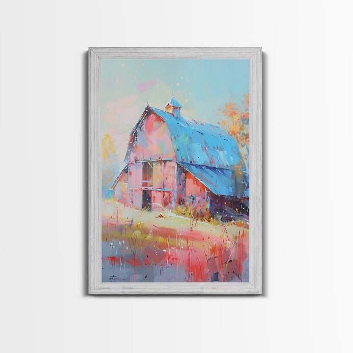 Charming Barn with Blue Roof in Pastel Colors - Framed Canvas Print, Rustic Farmhouse Decor, Country Art for Home, Living Room Wall Art