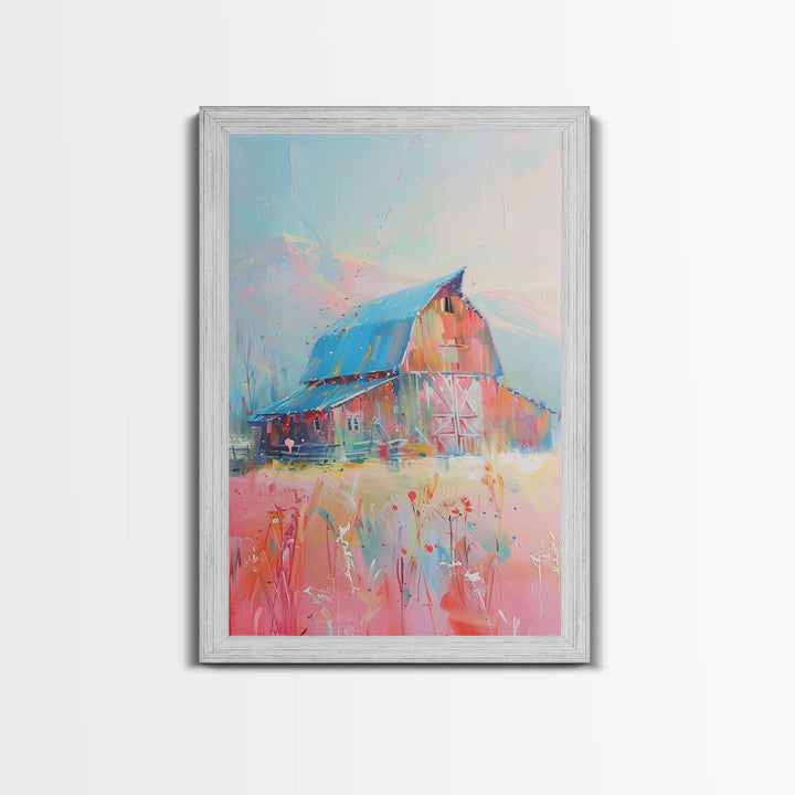 Idyllic Pastel Barn Scene in Vibrant Colors - Framed Canvas Print, Farmhouse Decor, Countryside Art for Bedroom, Rustic Wall Art Living Room
