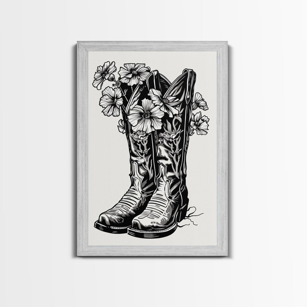 Floral Cowboy Boots Art Print, Retro Western Framed Canvas, Vintage Flower Boots Artwork, Unique Wall Decor for Home