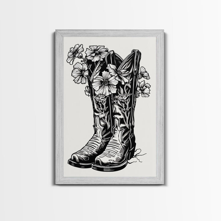Floral Cowboy Boots Art Print, Retro Western Framed Canvas, Vintage Flower Boots Artwork, Unique Wall Decor for Home