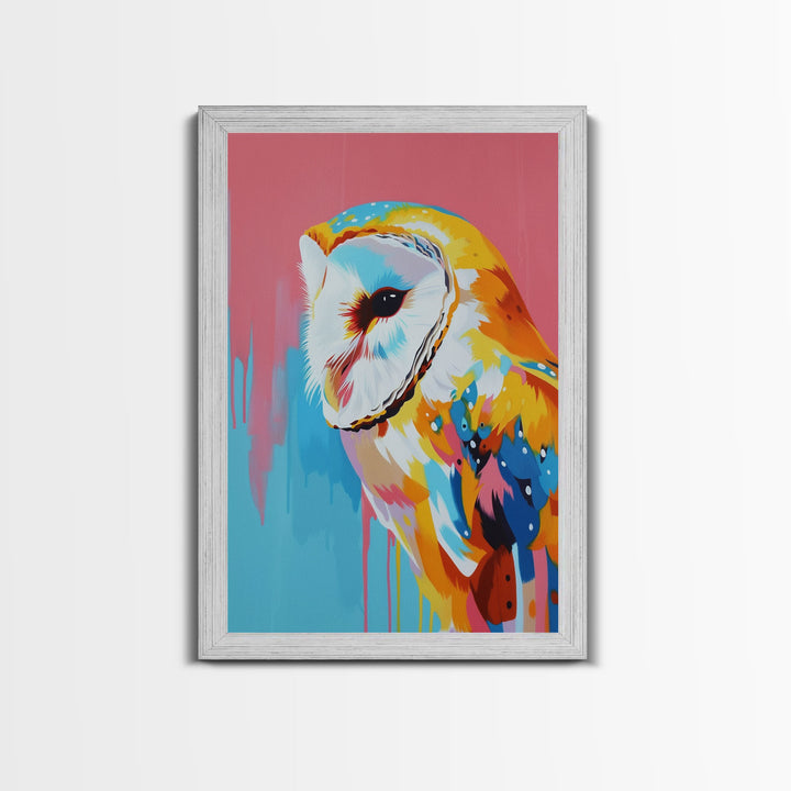 Colorful Owl Pop Art on Pink and Blue Background - Framed Canvas Print, Bird Decor, Owl Art for Living Room, Vibrant Wall Art for Bedroom