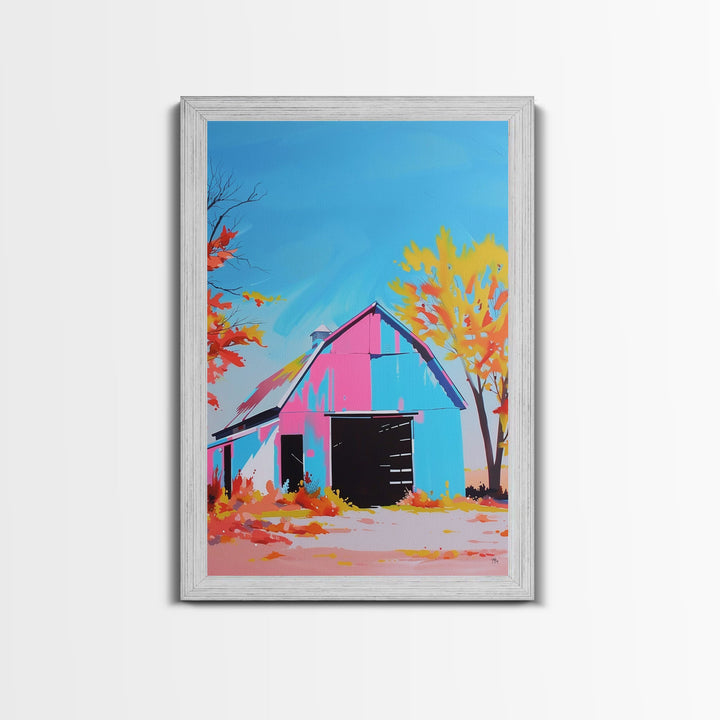 Bright Barn in Autumn Colors with Blue Sky - Framed Canvas Print, Rustic Decor, Barn Art for Living Room, Country Wall Art for Home