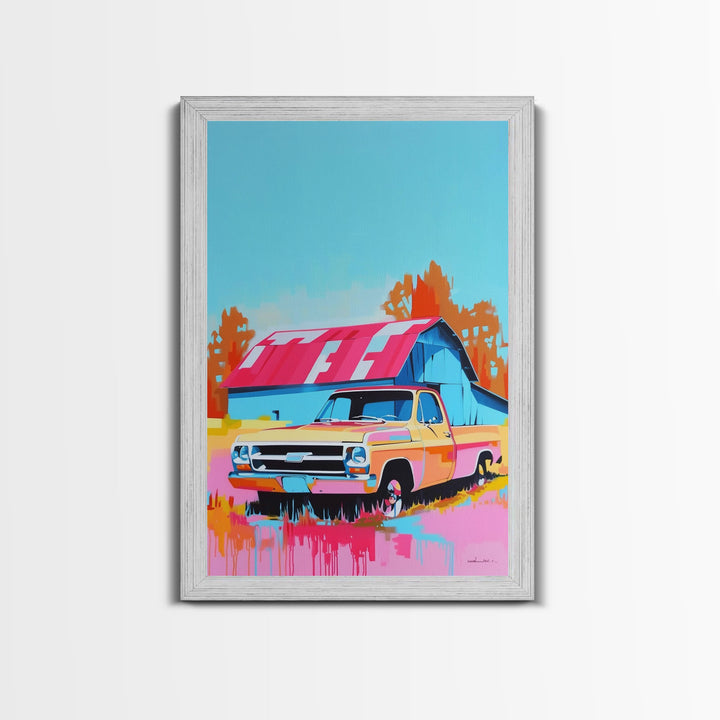 Vintage Truck with Colorful Barn in Background - Framed Canvas Print, Retro Decor, Truck Art for Bedroom, Farmhouse Wall Art for Living Room
