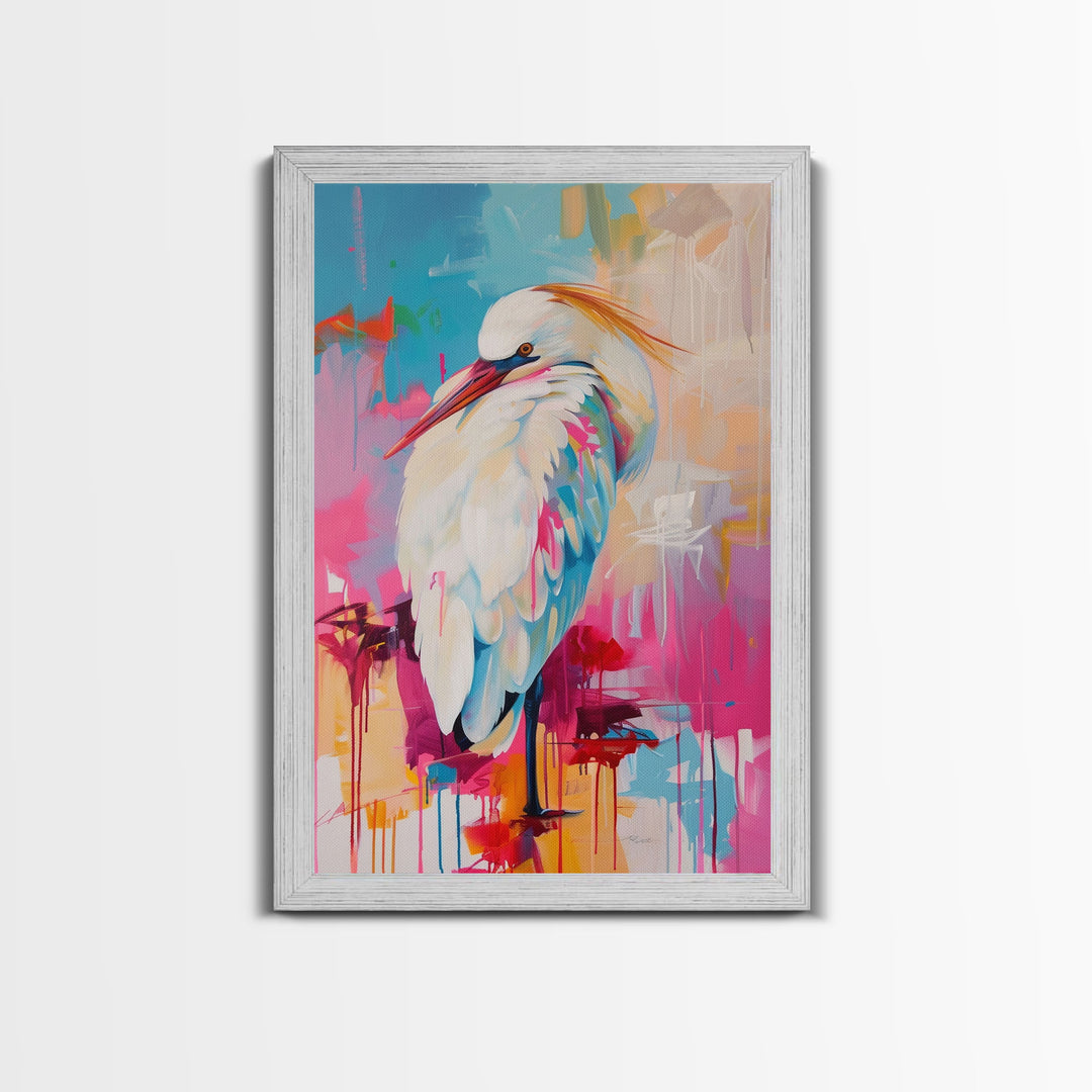 Elegant White Bird in Colorful Abstract Background - Framed Canvas Print, Bird Decor Modern Art for Living Room Vibrant Wall Art for Bedroom