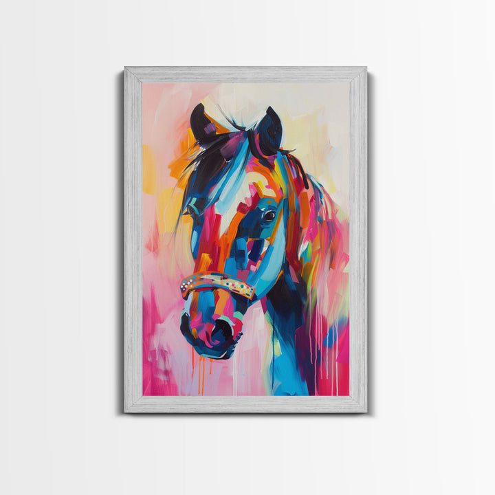 Colorful Horse Portrait in Pop Art Style - Framed Canvas Print, Horse Decor, Equestrian Art for Living Room, Bright Wall Art for Bedroom