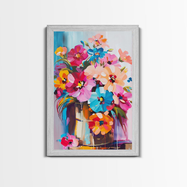 Bold Floral Bouquet in Bright Colors - Framed Canvas Print, Flower Decor, Floral Art for Bedroom, Vibrant Wall Art for Living Room