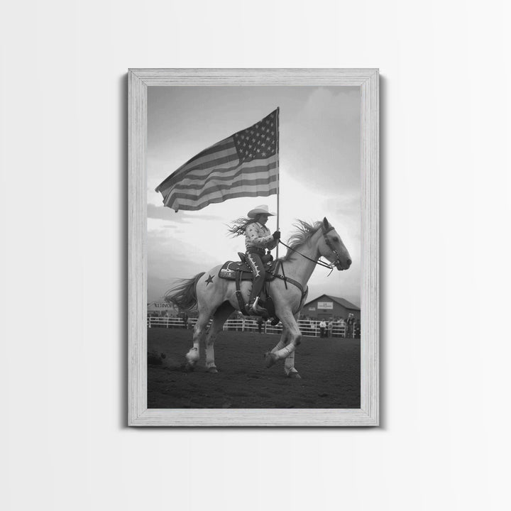 Cowgirl with American Flag Art Print, Western Rodeo Framed Canvas, Vintage Black and White Photography, Unique Home Decor