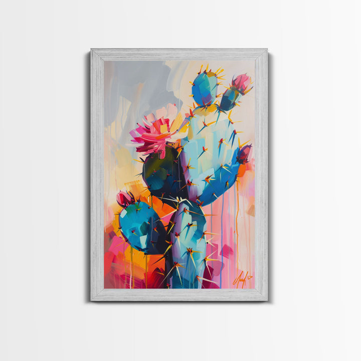 Flowering Cactus Framed Canvas Print - Desert Plant Wall Art, Living Room Decor, Modern Artwork, Unique Succulent Art for Bedroom and Office