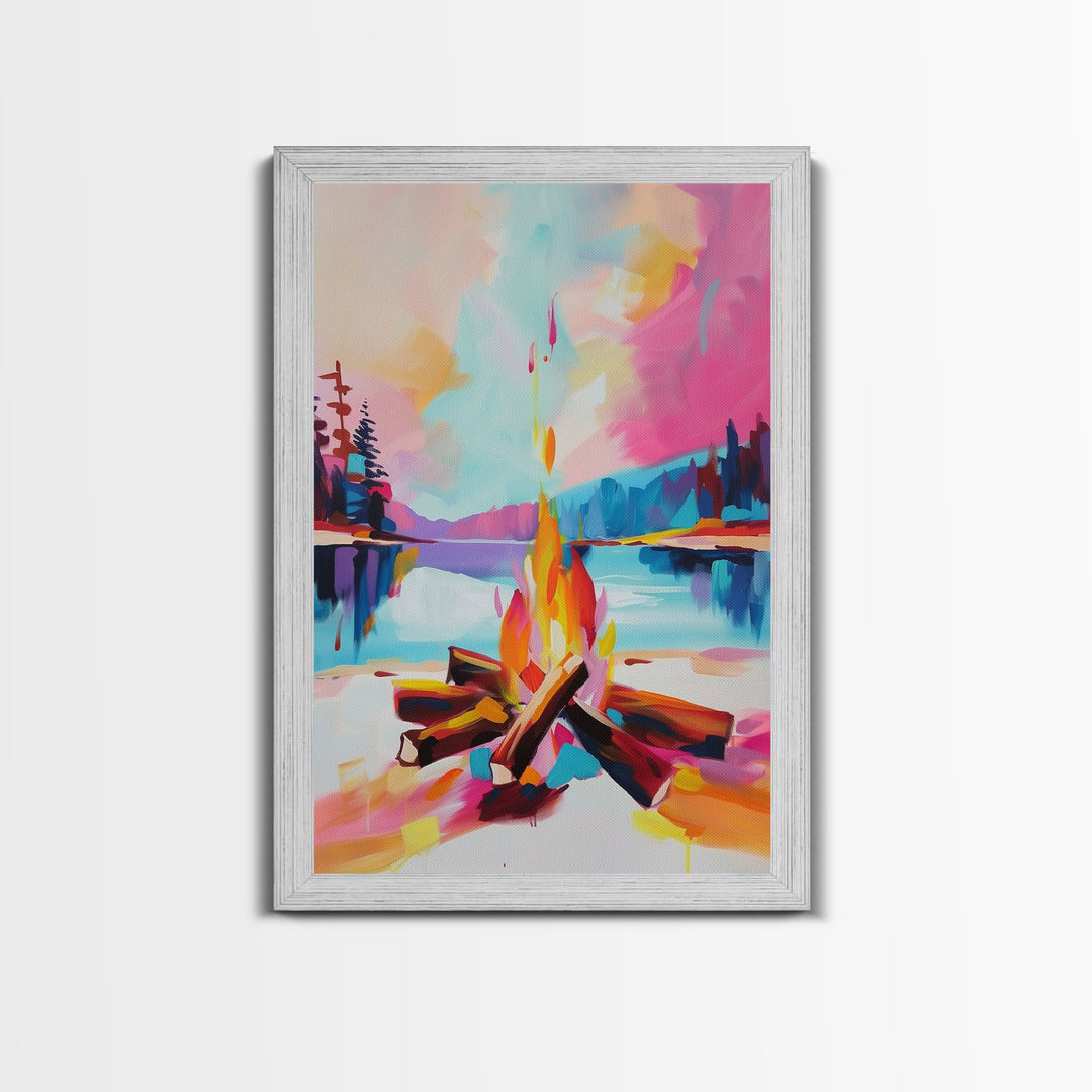 Campfire by the Lake Framed Canvas Print - Colorful Nature Wall Art, Living Room Decor, Modern Artwork, Unique Fire Art for Bedroom Office
