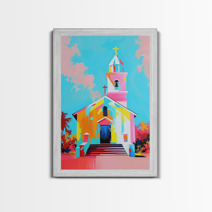 Vibrant Church Art in Pastel Hues - Framed Canvas Print, Colorful Religious Decor, Contemporary Church Wall Art for Living Room or Bedroom