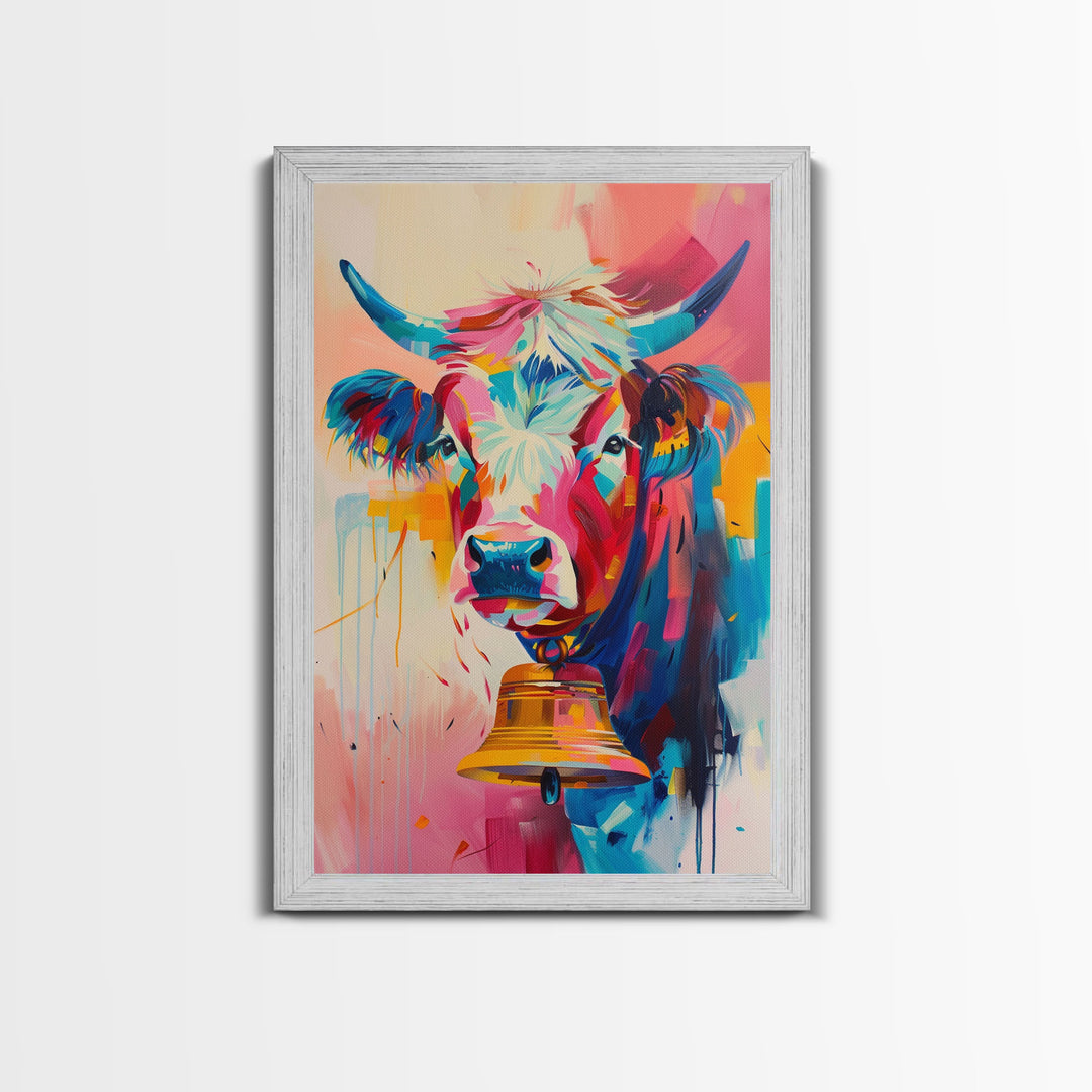 Expressive Cow Art in Bold Hues - Framed Canvas Print, Colorful Animal Decor, Modern Farmhouse Wall Art for Living Room or Bedroom