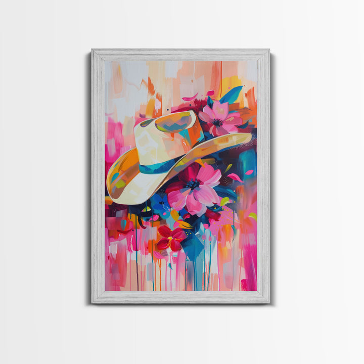 Cowboy Hat with Flowers in Bold Colors - Framed Canvas Print, Vibrant Western Decor, Colorful Hat Wall Art for Living Room or Bedroom