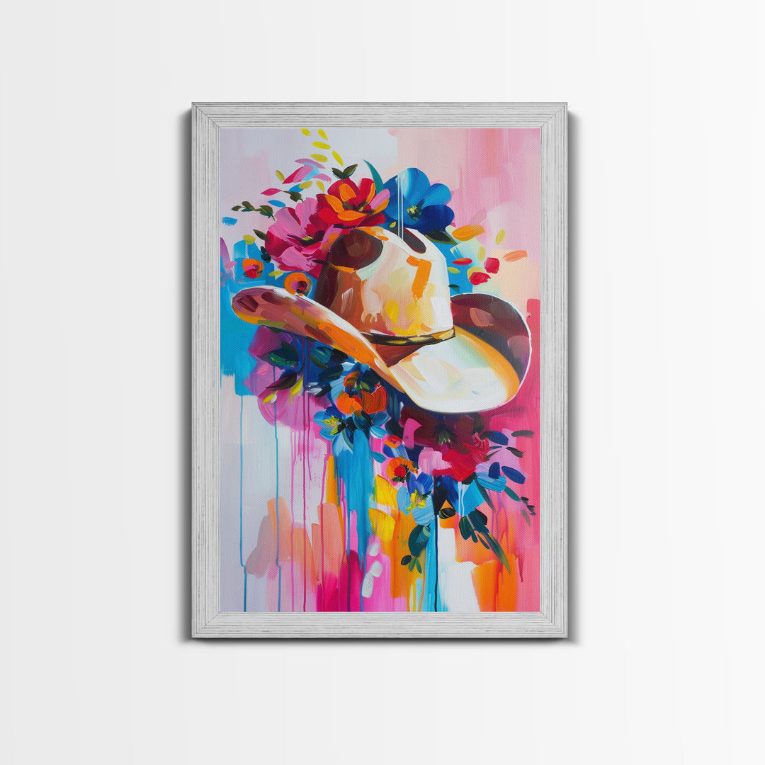 Colorful Cowboy Hat with Floral Accents - Framed Canvas Print, Modern Western Decor, Bold Hat Wall Art for Living Room or Bedroom