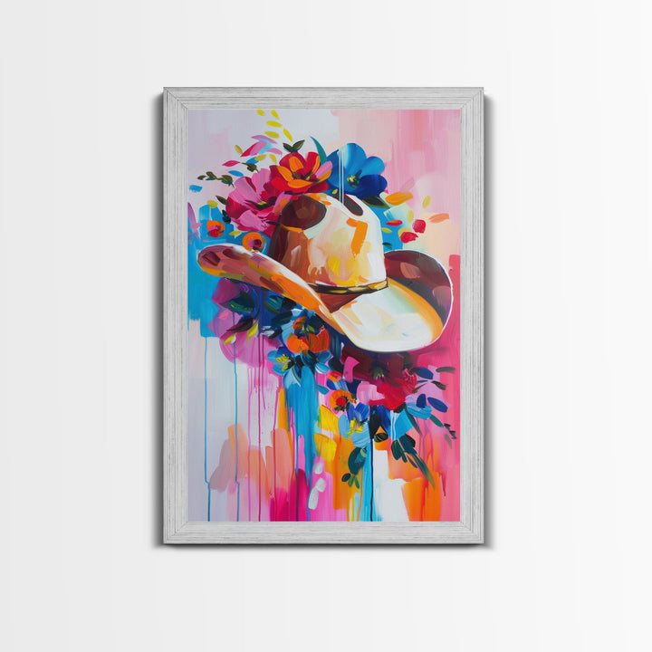 Colorful Cowboy Hat with Floral Accents - Framed Canvas Print, Modern Western Decor, Bold Hat Wall Art for Living Room or Bedroom