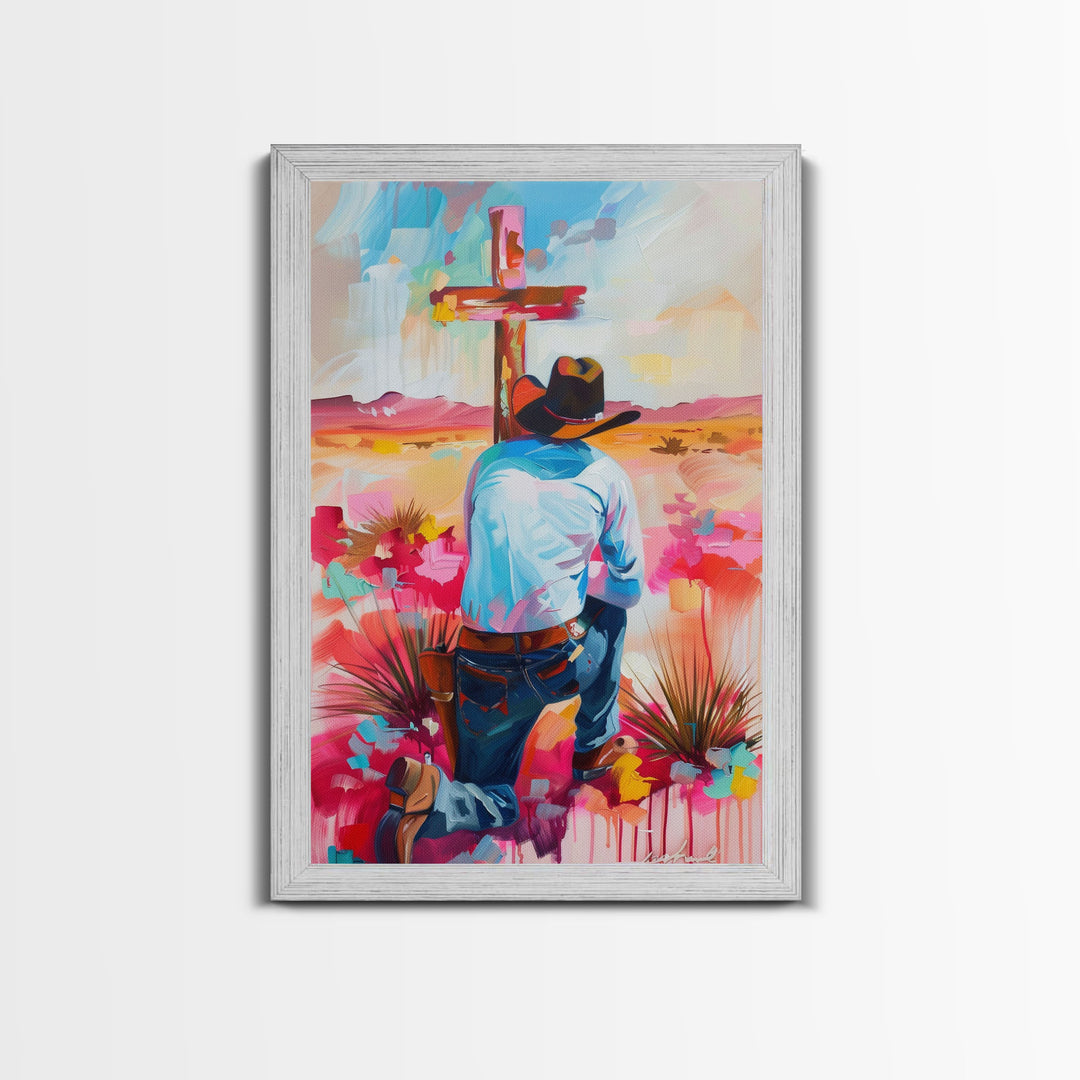 Cowboy Praying by the Cross in Vibrant Colors - Framed Canvas Print, Colorful Western Decor, Modern Cowboy Wall Art for Living Room Bedroom