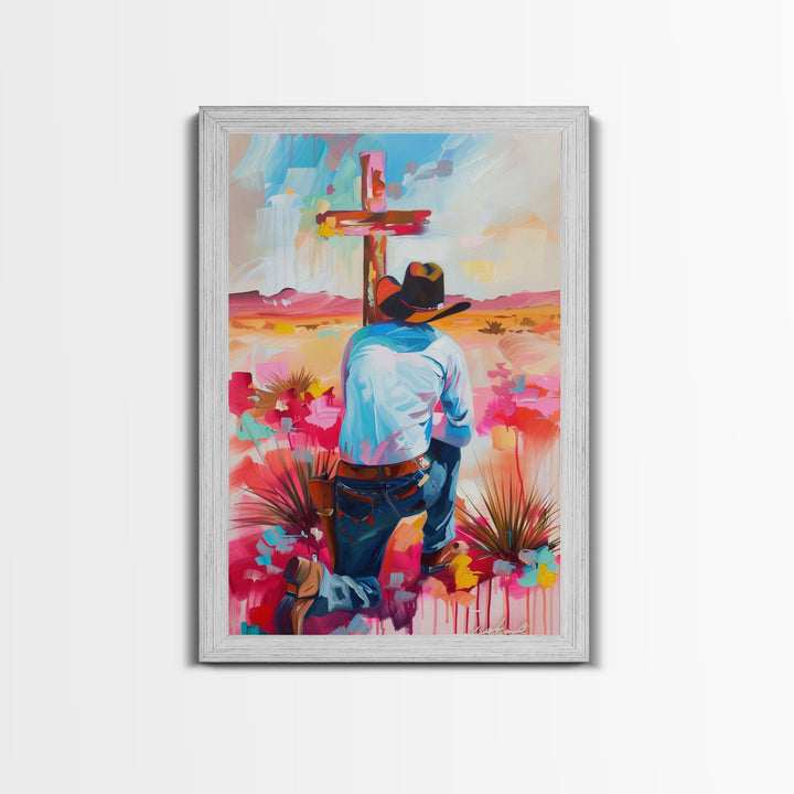 Cowboy Praying by the Cross in Vibrant Colors - Framed Canvas Print, Colorful Western Decor, Modern Cowboy Wall Art for Living Room Bedroom