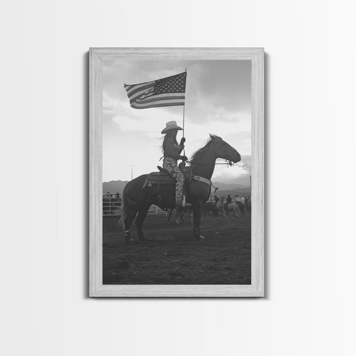 Cowgirl Riding with Flag Art Print, Western Rodeo Framed Canvas, Vintage Black and White Photography, Unique Home Decor