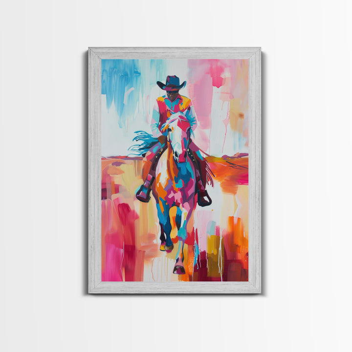 Colorful Cowboy on Horseback Art - Framed Canvas Print, Western Decor, Dynamic Living Room Wall Art, Horse Rider Artwork