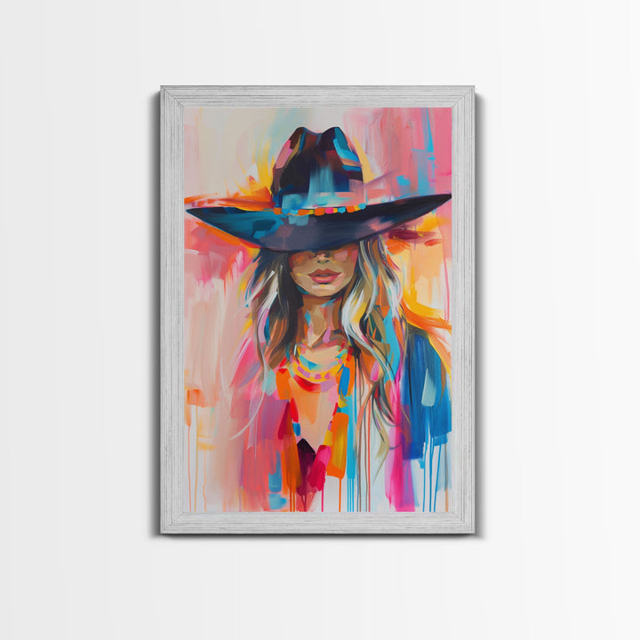 Modern Cowgirl in Hat Art - Framed Canvas Print, Stylish Bedroom Wall Art, Vibrant Living Room Decor, Contemporary Cowgirl Portrait