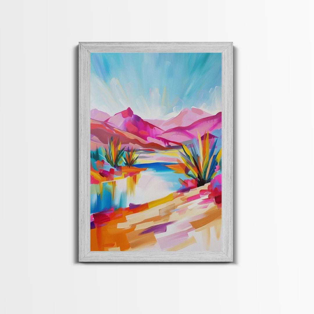 Bright Southwestern Landscape Art - Framed Canvas Print, Desert Decor, Vibrant Living Room Wall Art, Colorful Nature Scene