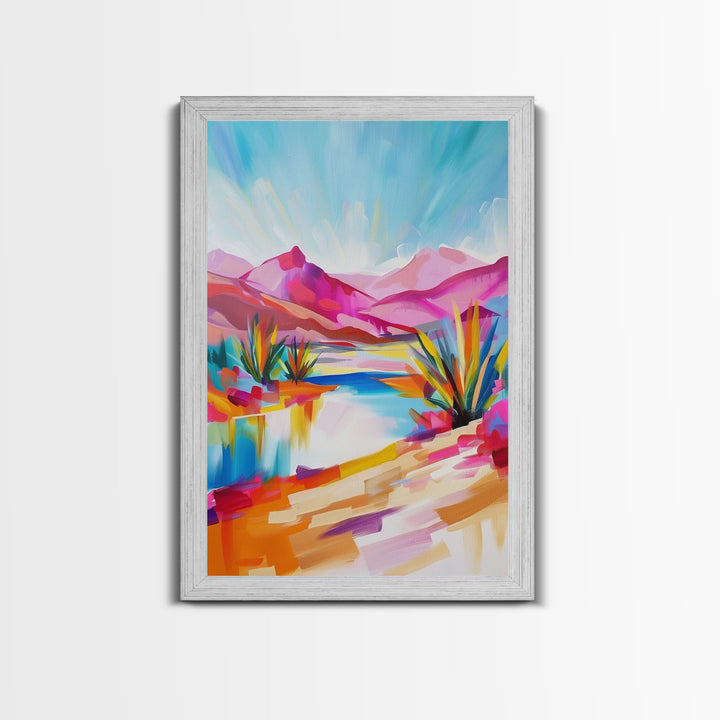 Bright Southwestern Landscape Art - Framed Canvas Print, Desert Decor, Vibrant Living Room Wall Art, Colorful Nature Scene