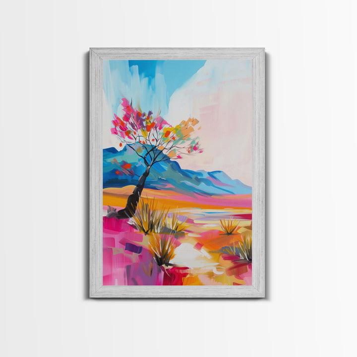 Bright Desert Tree Art - Framed Canvas Print, Southwestern Decor, Colorful Living Room Wall Art, Modern Desert Landscape