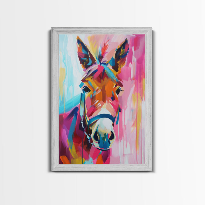 Colorful Donkey Portrait Art - Framed Canvas Print, Southwestern Decor, Vibrant Living Room Wall Art, Modern Animal Portrait