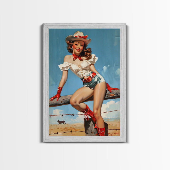 Retro Cowgirl Pin-Up Art Print, Framed Canvas Western Decor, Vintage Pin-Up Girl in Red Boots, Classic Western Artwork for Home
