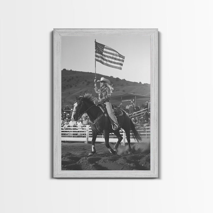 Cowgirl Flag Bearer Art Print, Western Rodeo Framed Canvas, Vintage Black and White Photography, Unique Wall Decor