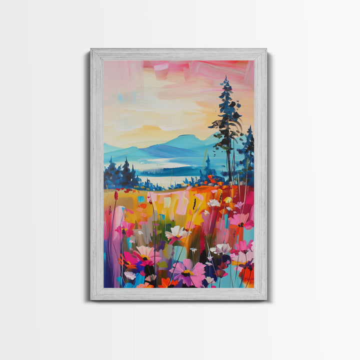 Serene Landscape with Wildflowers Framed Canvas Print - Pastel Sunset Wall Art, Tranquil Living Room Decor, Nature-Inspired Bedroom Art
