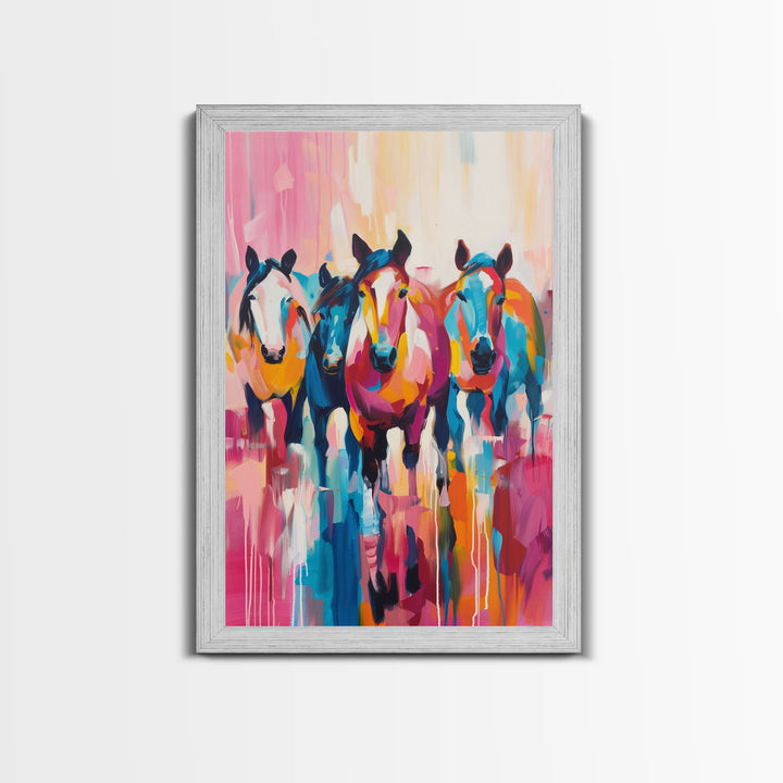 Colorful Horses Running Framed Canvas Print - Vibrant Horse Wall Art, Energetic Living Room Decor, Dynamic Bedroom Art, Equestrian Art