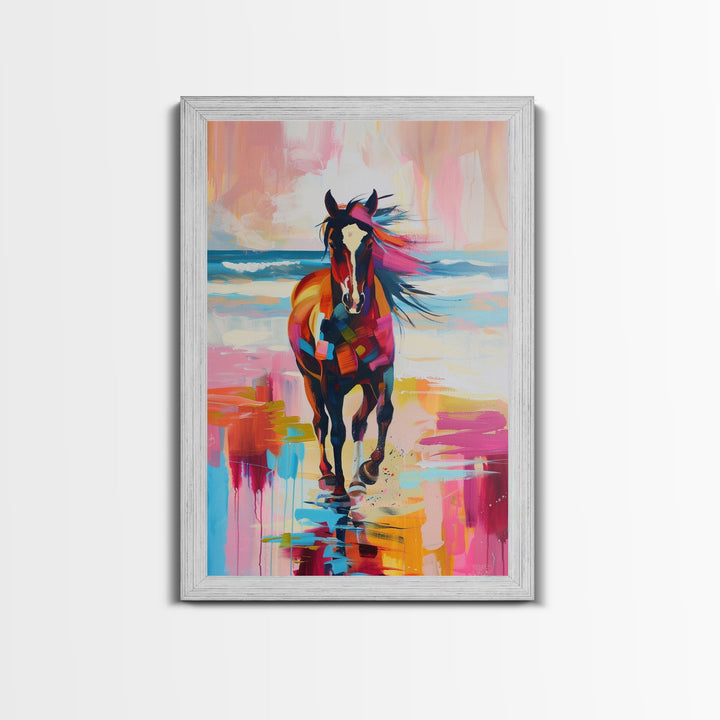 Horse on Beach in Bold Colors Framed Canvas Print - Beach Horse Wall Art, Colorful Living Room Decor, Bedroom Art, Coastal Equestrian Art