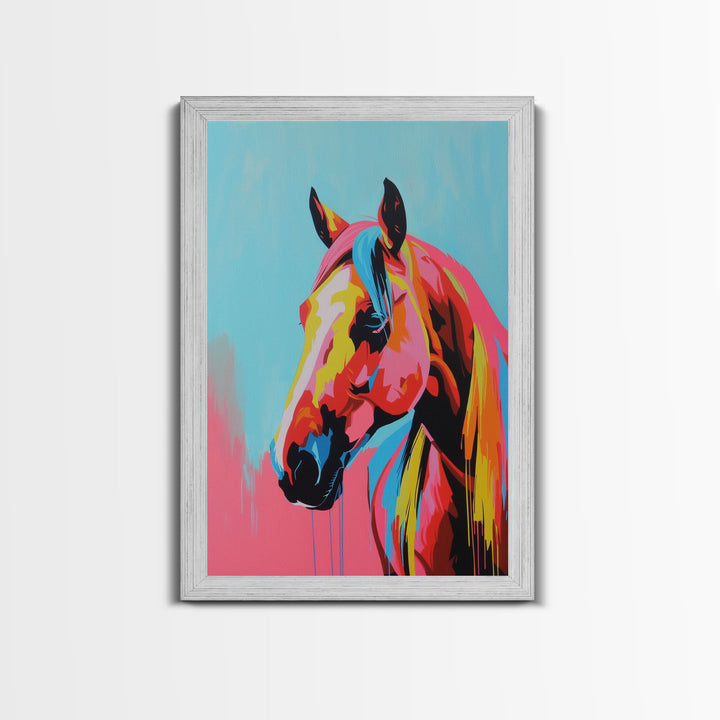 Colorful Horse Head Art - Framed Canvas Print, Vibrant Wall Art, Modern Living Room Decor, Horse Portrait, Bold Animal Artwork, Bedroom Art