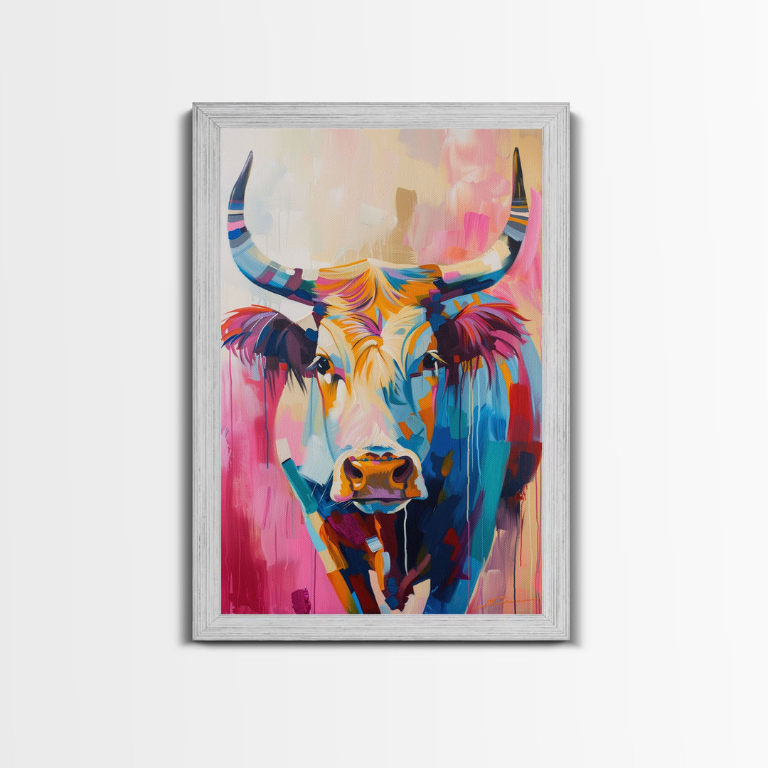 Colorful Cow Portrait - Framed Canvas Print, Vibrant Wall Art, Modern Living Room Decor, Bold Animal Artwork, Cow Art Print, Bedroom Decor