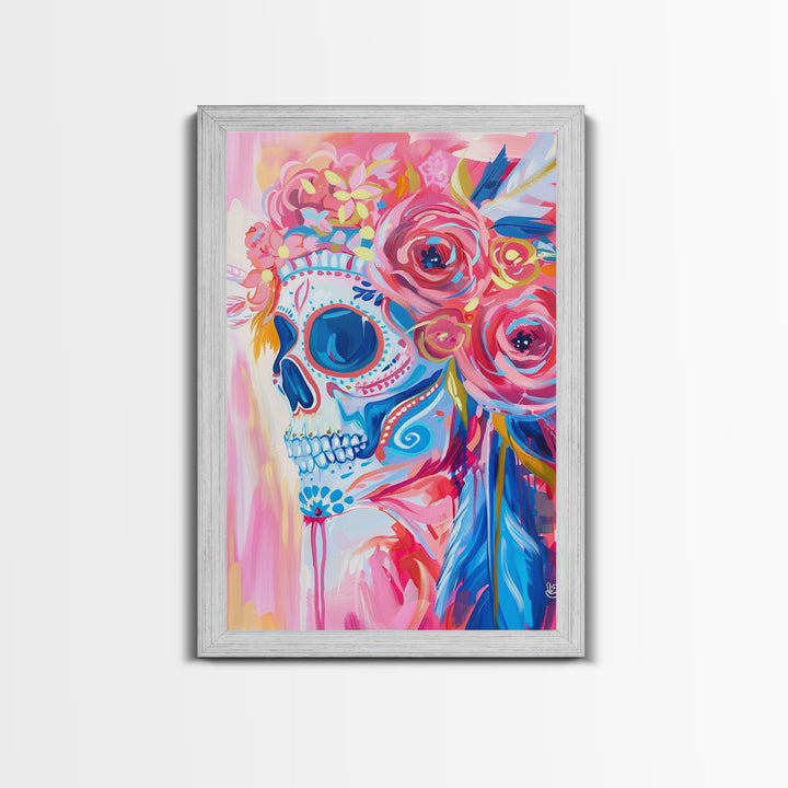 Floral Sugar Skull Framed Canvas Print - Day of the Dead Art, Colorful Wall Art, Living Room Decor, Mexican Folk Art for Bedroom
