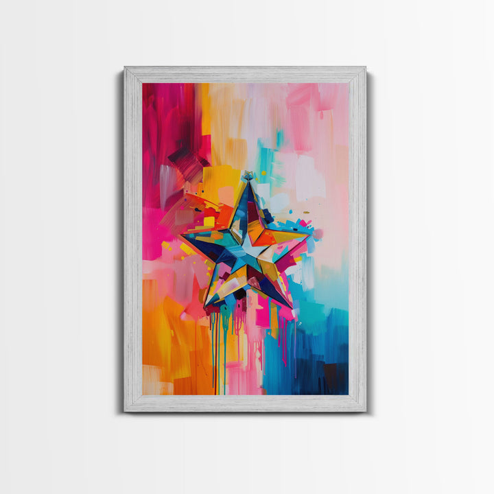 Colorful Abstract Star Wall Art - Framed Canvas Print, Modern Living Room Decor, Vibrant Star Artwork, Bedroom Wall Art